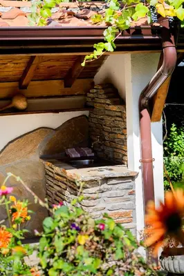 a stone oven in a garden with flowers at Къща Лиляна in Resilovo