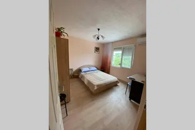 a bedroom with a bed and a desk in it at Sunny apartment by the river in Sandanski