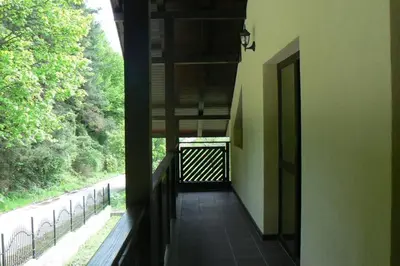a hallway of a building with a view of a road at Nordic Villa Chiflika in Chiflik