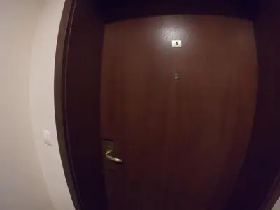 a wooden door with a gold handle in a room at Bardarova Apartments Downtown Bansko in Bansko