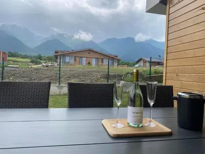 a bottle of wine sitting on a table with two glasses at Mountain Villa near Bansko in Razlog