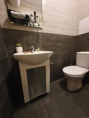 a bathroom with a white sink and a toilet at Nights apartment in Sofia