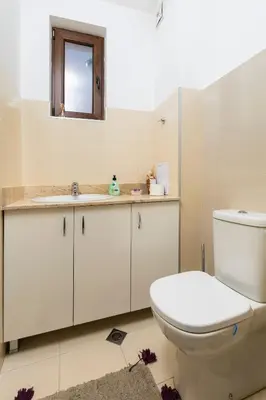 a bathroom with a toilet and a sink and a mirror at 1BD Flat with a lovely terrace in the centre of Plovdiv by Flat Mаnager in Plovdiv