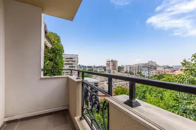 a balcony with a view of a city at 1BD Flat with a lovely terrace in the centre of Plovdiv by Flat Mаnager in Plovdiv