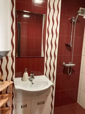 a bathroom with a sink and a shower at Apart 47 in Smolyan