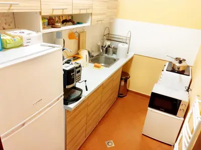 a kitchen with a white refrigerator and a sink at Стаи за Гости Lavender Lozen in Lozen