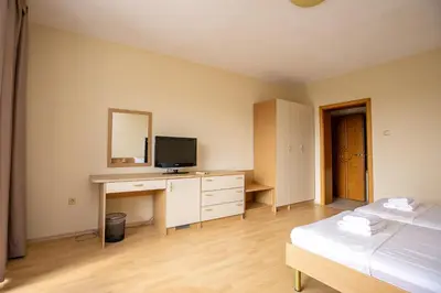 a bedroom with a bed and a desk with a television at Hotel Astra in Sandanski