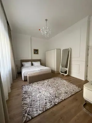 a bedroom with two beds and a rug and a chandelier at FELIX KANITZ Apartments - in the heart of Kapana district in Plovdiv