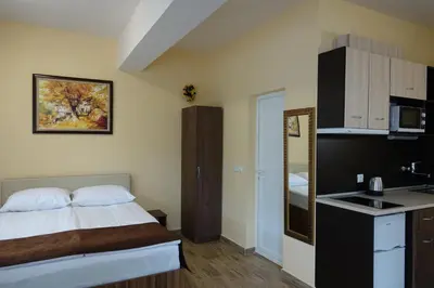 a hotel room with a bed and a sink at Борник Хил / Bornik Hill in Devin