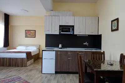 a room with a kitchen and a bed and a table at Борник Хил / Bornik Hill in Devin