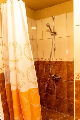 a shower with a shower curtain in a bathroom at Почивна станция Сомат in Dospat
