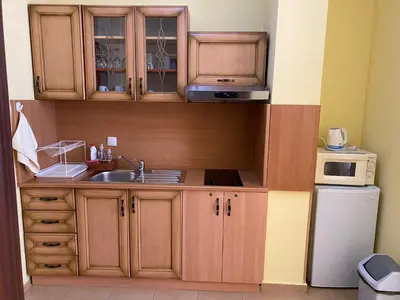 a kitchen with wooden cabinets and a sink and a refrigerator at Apart Hotel Flora Residence - Clover Building Flat 09 in Borovets