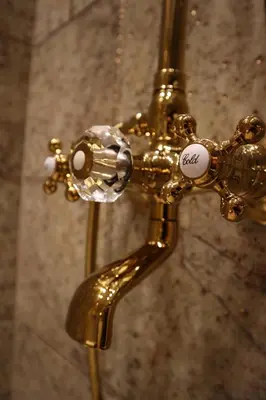 a shower with a gold handle with a button on it at HIDDEN BANK: Golden in Plovdiv
