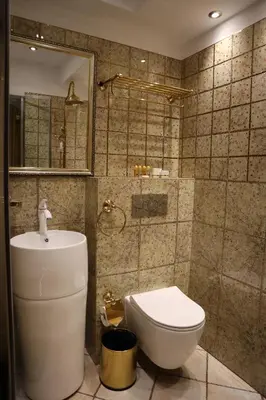 a bathroom with a toilet and a sink and a shower at HIDDEN BANK: Golden in Plovdiv