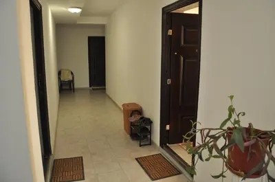 a hallway with a door and a plant and a mirror at Al Colosseo in Zvŭnichevo