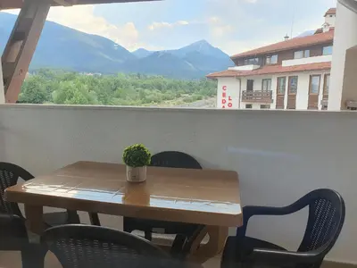 a table with a potted plant on top of a window at Family apartment VYANI in Bansko