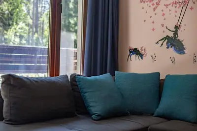 a couch with blue pillows in a room with a window at Forest Dream Apartment - Elit Pamporovo in Pamporovo