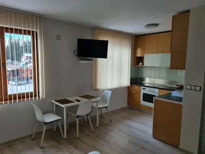 a kitchen with a small table and chairs and a kitchen with a window at Студиа Студенец in Smolyan