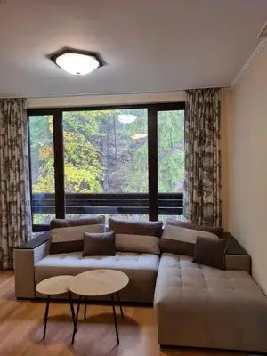 a living room with a couch and a large window at Родопски Рай in Pamporovo