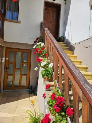 a stairway with red and white flowers and a door at Юндовата къща in Beli Iskar