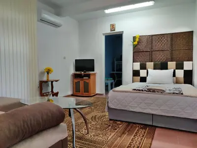 a bedroom with a bed and a couch and a tv at Balkan Rooms & Studios in Downtown in Sofia
