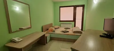 a green room with a bed and a mirror at СЕМЕЕН ХОТЕЛ ИЛИЕВАТА КЪЩА in Sapareva Banya