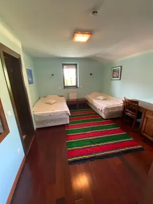 a room with two beds and a rug at Ski & Spa Chalet Bansko in Bansko