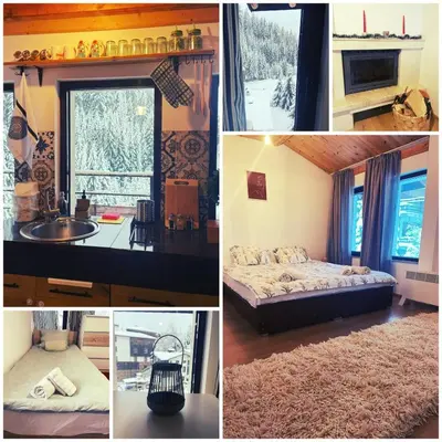 a collage of pictures of a room with a bed at Stoykite Escape House in Stoykite