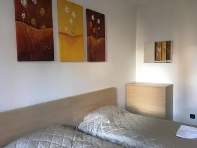 a bedroom with a bed and paintings on the wall at Fortuna Complex Alexander Services Apartments in Bansko
