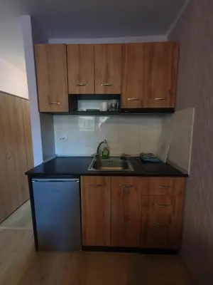 a small kitchen with wooden cabinets and a sink at Mechka ski apartment in Bansko