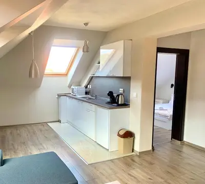 a kitchen with white cabinets and a sink in a room at ,,Адела”-апартамент за гости in Velingrad