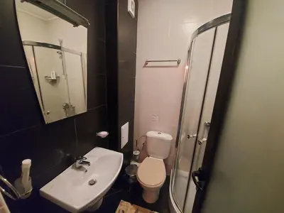 a bathroom with a toilet and a sink and a shower at 1 Bedroom cozy flat in Pamporovo