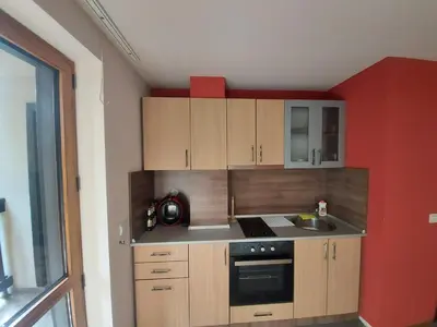 a small kitchen with wooden cabinets and a sink at 1 Bedroom cozy flat in Pamporovo