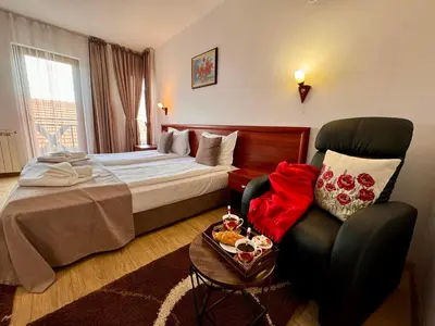a hotel room with a bed and a chair at Honey House in Bansko