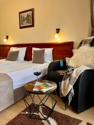 a hotel room with a bed and a table with a glass of wine at Honey House in Bansko