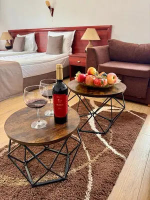 a living room with two tables with wine glasses at Honey House in Bansko