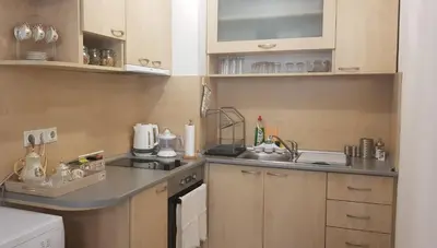 a small kitchen with a sink and a counter at Karastoyanovi's Apartment in Sofia