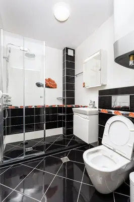 a black and white bathroom with a toilet and a shower at Beautiful 1BD Apartment with a Parking Spot by Flat Mаnager in Plovdiv