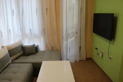 a living room with a couch and a tv at Winter Аpartments Gerovi in Pamporovo