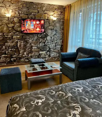 a living room with a couch and a stone wall at Luxury studio in Bansko