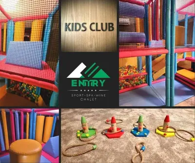a collage of four pictures of a kids club playground at BOUTIQUE Hotel ENTRY E in Bansko