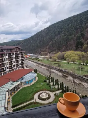 a cup of coffee sitting on top of a balcony at Апартамент Лукс в Спа Хотел Свети Спас in Velingrad