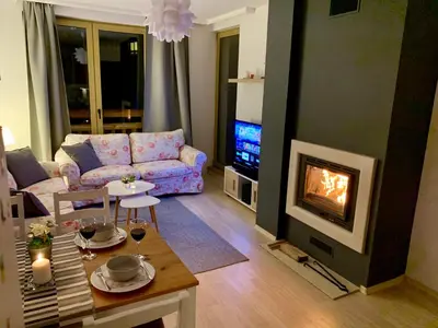 a living room with a couch and a fireplace at Premium Apartments Bansko in Bansko