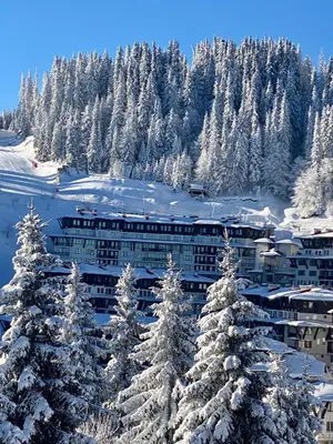 a hotel with snow covered trees in front of a mountain at Luxury Aparthotel STUDENETS in Pamporovo