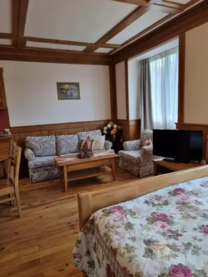 a living room with a bed and a couch at Pirin Golf Hotel Private Studios in Razlog