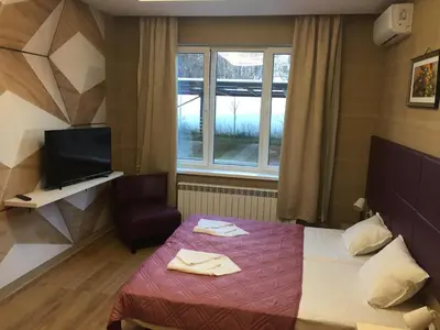 a bedroom with a bed and a tv and a window at APARTHOTEL BON BON in Sofia