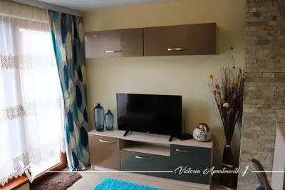a living room with a flat screen tv on a entertainment center at Victoria apartments 1 in Velingrad