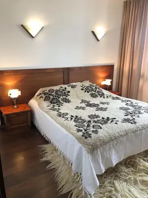 a bedroom with a bed and two tables with lamps at BREATHTAKING Mountain view 3 bedrooms appartement in Bansko
