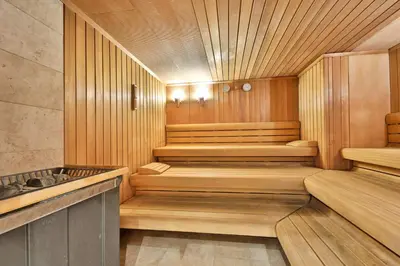 a sauna with benches and a sink in a room at Bellevue Residence RELAX ZONE in Bansko