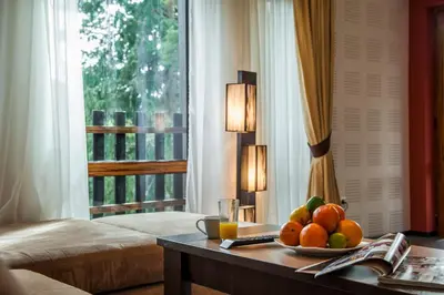 a room with a table with a bowl of fruit on it at Pamporovo Central Apartments in Pamporovo